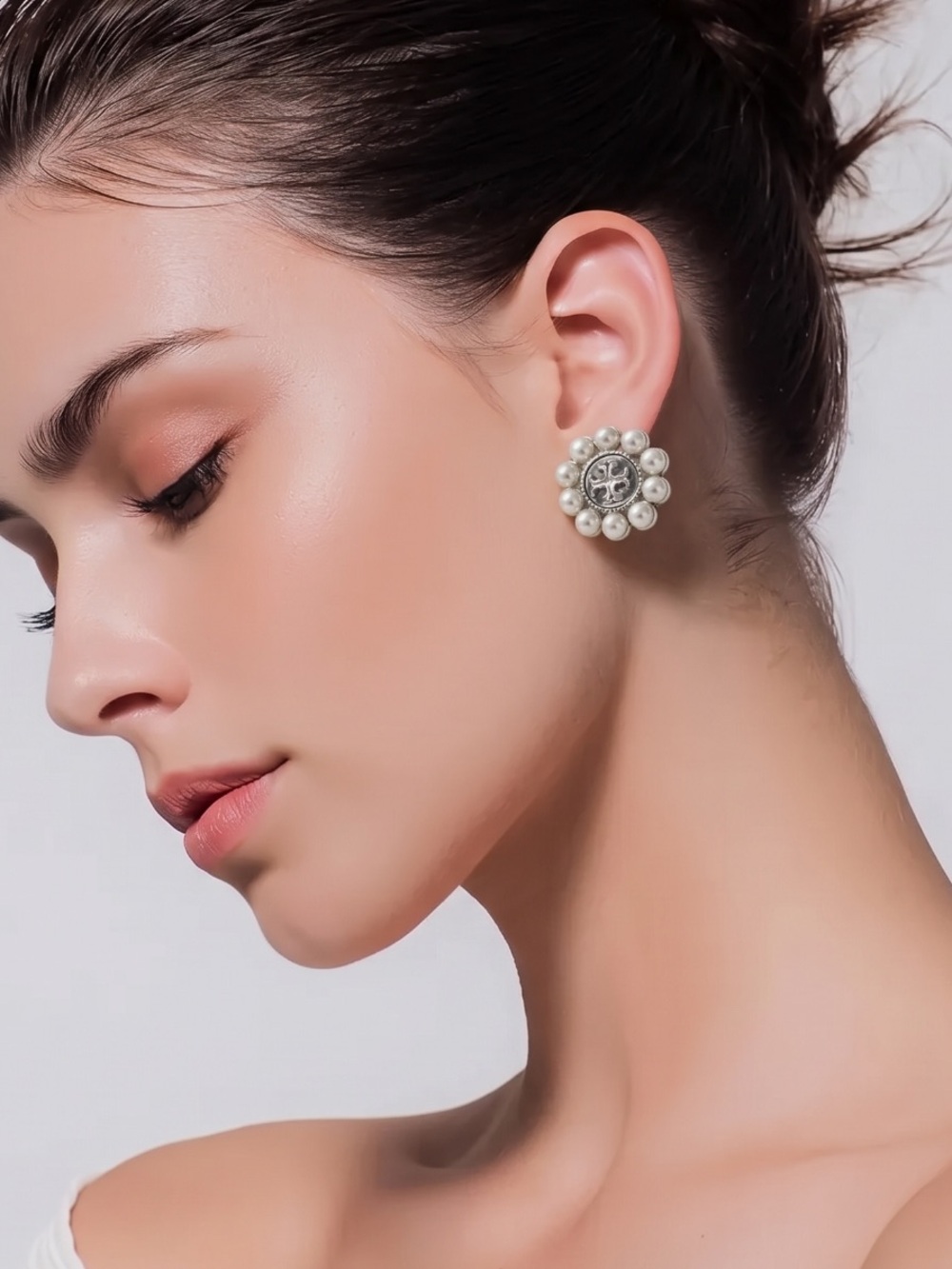 Tory Burch Silver and Pearl Medallion Stud Earrings